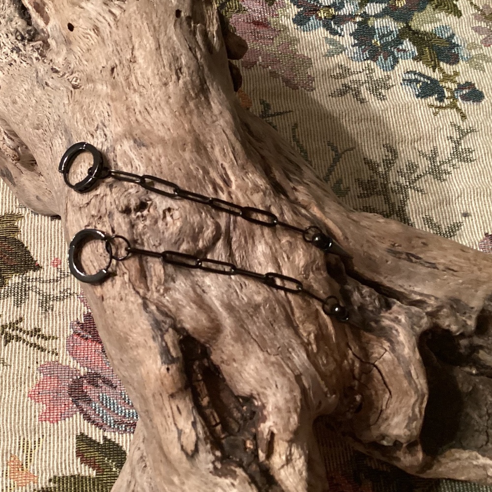 Black Crystal Huggie Hoop Earrings Spike Chain Dangle for Men / Women
